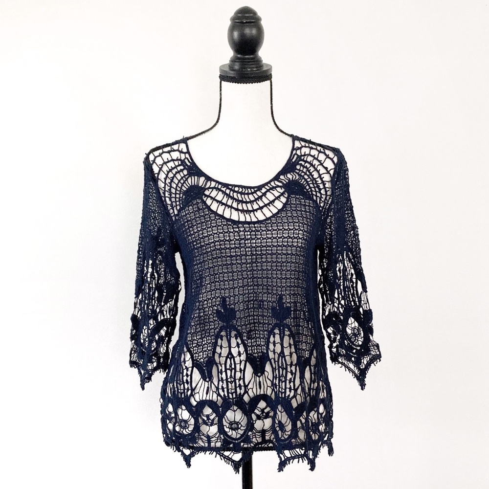 Maurices cotton crochet navy blue top 3/4 sleeves